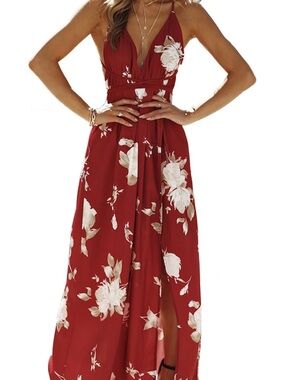 Red Floral Maxi Dress with Plunge Neck